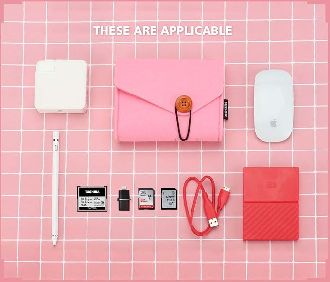 NIDOO Portable Felt Storage Bag, Electronics Accessories Protective Case Pouch for MacBook Power Adapter, Mouse, Cellphone, Cables, SSD, HDD, Power Bank, Portable External Hard Drive, Pink