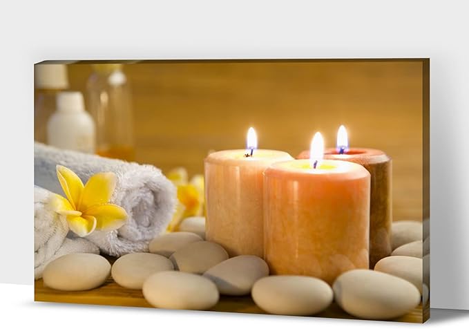 Zen Wall Art Decor, Modern Bathroom Zen Decor Wall Art, Large Zen Relaxing Canvas Wall Art for Spa Room Decor, Pebble and Lighted Candles Zen Canvas Prints for Office & Spa Wall Decor 32x48 Inches