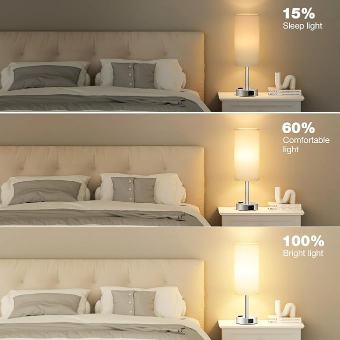 Fenmzee White Touch Bedroom Table Lamp - 3 Way Dimmable Bedside Lamp USB C A Charging Ports and AC Outlet, Small Lamp Nightstand with Silver Base for Living Room, Office Desk, LED Bulb Included