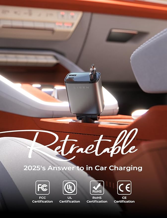 LISEN Retractable Car Charger, 84W Car Charger USB C Fast Charge, Multi Cigarette Lighter Adapter, 4 in 1 Car Accessories Birthday Gifts for Men Women Dad Mom Husband, for iPhone 17 16 15 14 13 12 X
