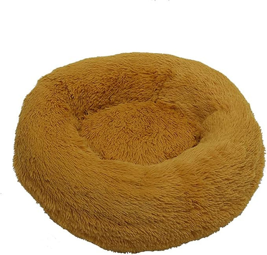 Calming Faux Fur Dog Beds Calming Donut Cuddler Dog Bed Washable Round Cat Bed Pillow Cuddler Fluffy Indoor Dog Calming Beds with Anti Slip Bottom Solid Color Yellow 47 Inch