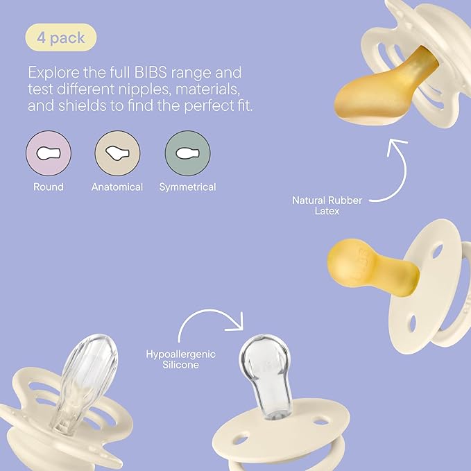 BIBS Try-It Collection | 4-Pack Soothers | BPA-Free Round, Anatomical & Symmetrical Nipple | Natural Rubber Latex/Silicone | Made in Denmark | 0-6 Months | Blush