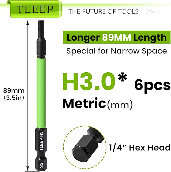 3.5" Long 1/4" Hex Head Allen Wrench Drill Bit Set, Metric 3mm Impact Driver Bit Set, Magnetic Tips, S2 Steel, New Version Hex Keys with Storage Case