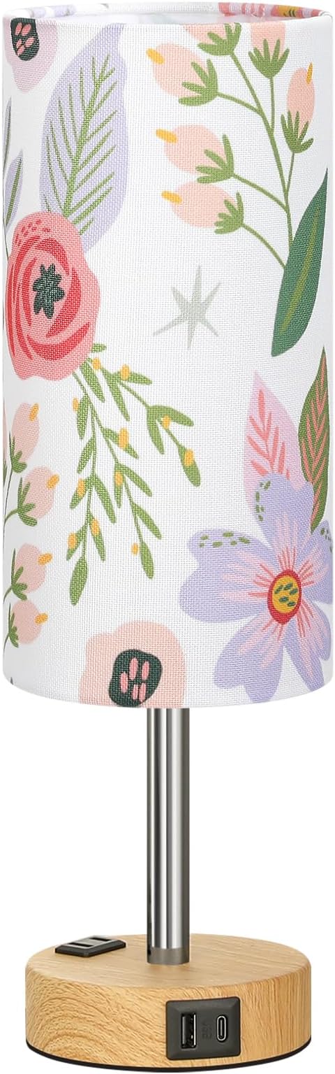 Fenmzee Floral Touch Lamp for Bedroom- 3 Way Dimmable Bedside Lamp USB C A Charging Ports and AC Outlet, Small Table Lamp Floral Linen Lampshade for Gift, LED Bulb Included