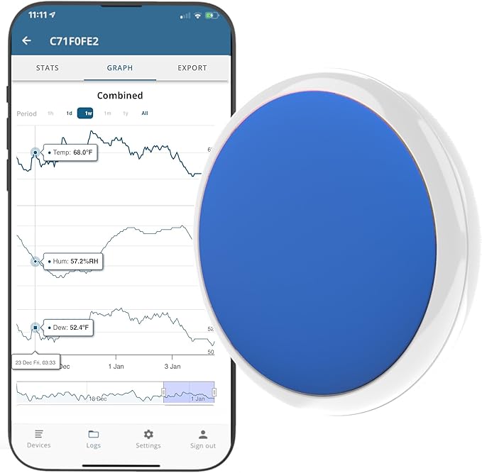 Bluetooth Compatible Thermometer, Hygrometer & Dew Point Sensor and Logger, Smart Temperature Humidity Monitor, Unlimited Phone Storage. Simple Data Export. Made in USA