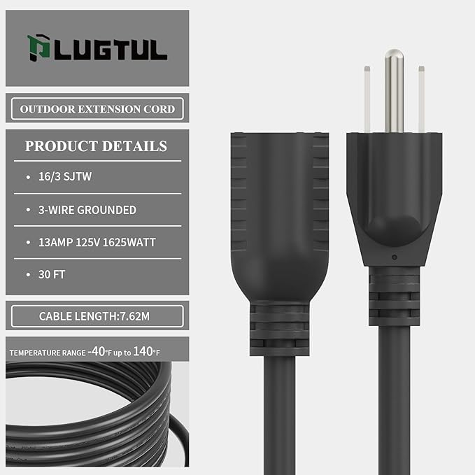 PLUGTUL Extension Cord 30 FT, 16/3 Outdoor Extension Cord Waterproof, Heavy Duty 3 Prong Extension Cord Black, 13A 1625W SJTW, ETL Listed, Great for Garden and Home