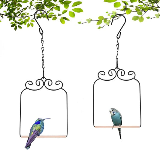 2PK Metal Frame Hummingbird Swings and Perches with Wooden Dowel Black Bird Swing Outdoor Bird Perch Humming Bird Swing (2PK)