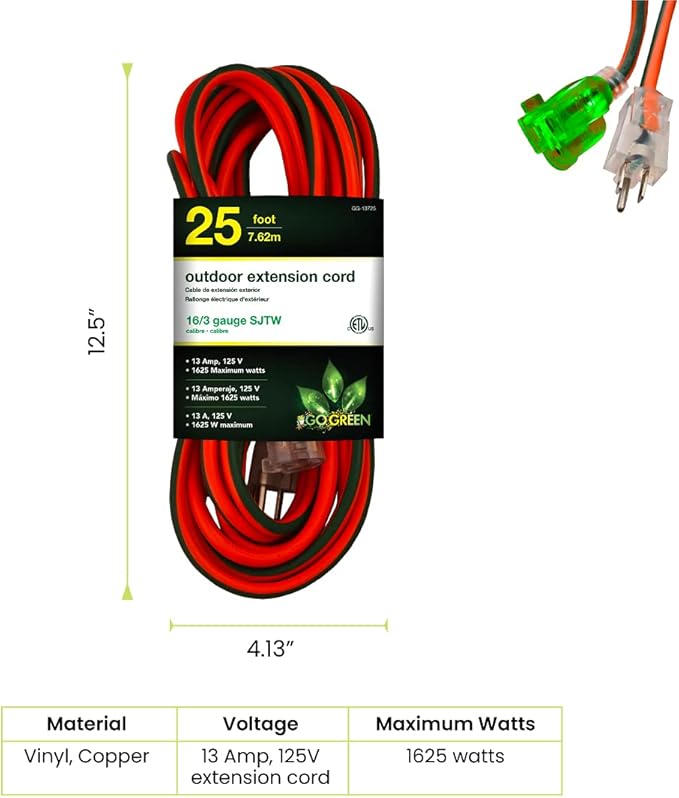 Go Green Power Inc. (GG-13725) 16/3 SJTW Outdoor Extension Cord, Lighted End, 25 ft (Pack of 2)