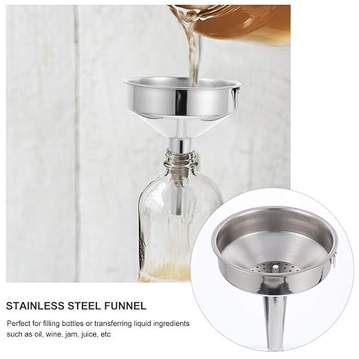 Hemoton 2-Piece 4 Inch Stainless Steel Funnel Set with Strainer for Kitchen Use - Metal Funnel for Precise Liquid and Dry Ingredient Transfer