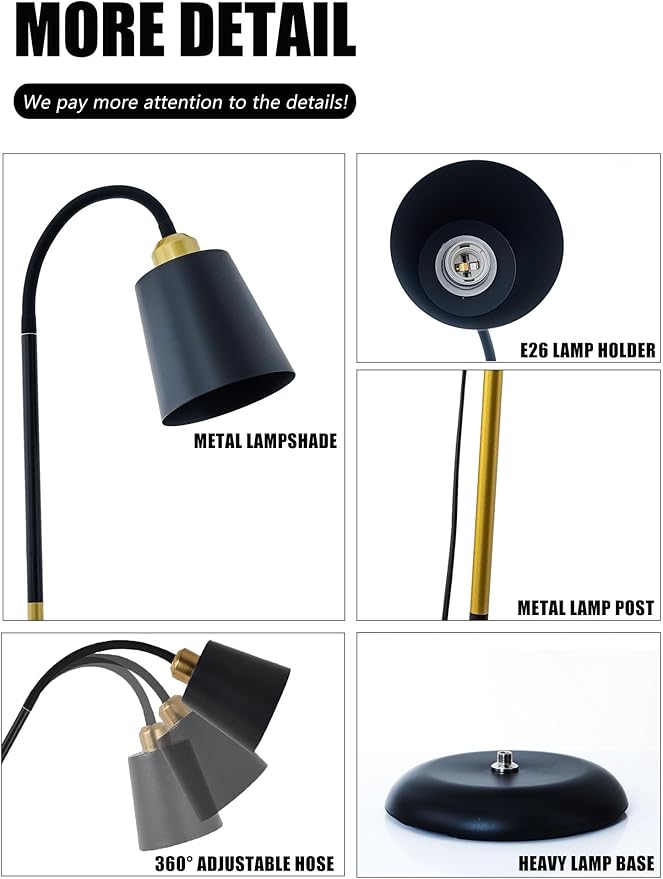 AoMck Floor Reading Lamp, Industrial Metal Floor Lamps for Living Room with Adjustable Bendable 2 in 1 Reading Table Lamps for Living Room Bedroom Office, 12W Bulb Included (White)