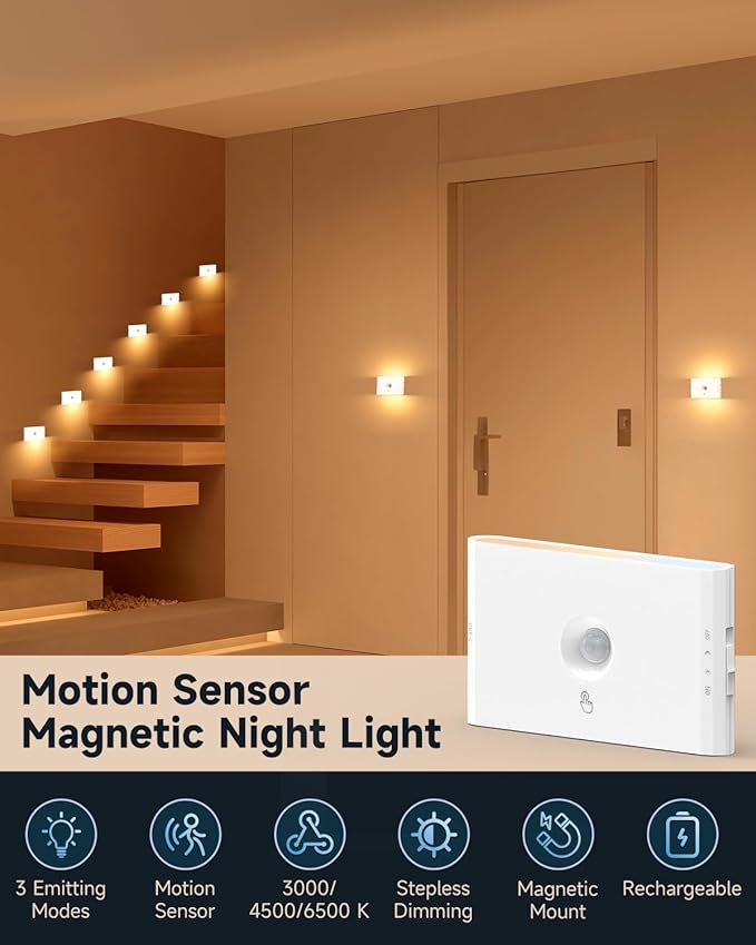 Yiliaw 3-Pack Rechargeable Motion Sensor Stair Lights White, Dimmable Night Lights with 3 Modes & 3 Color Temperatures, Magnetic, Stick-On Stair Lights Indoor for Hallway, Stairway, Bathroom, Kitchen