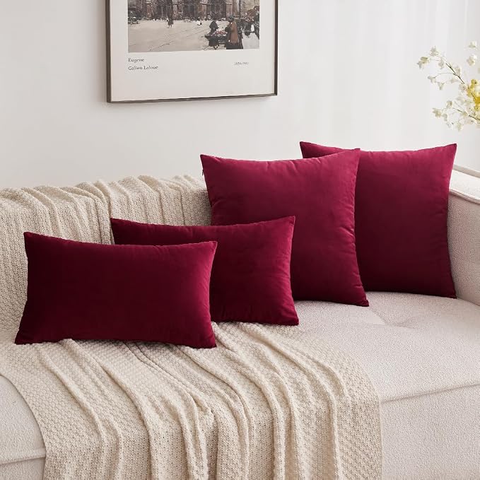 MIULEE 24x24 Inch Pack of 2 Euro Velvet Throw Pillow Covers Wine Red | Soft Solid Decorative Euro Sham, Modern Luxury Home Decor, for King Bed Sofa Couch Bedroom Livingroom