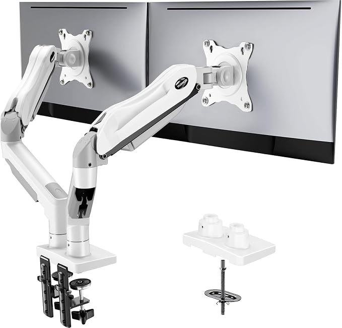 HUANUO Dual Monitor Stand - Full Adjustable Monitor Desk Mount Swivel Vesa Bracket with C Clamp, Grommet Mounting Base for 13 to 32 Inch Computer Screens - Each Arm Holds 4.4 to 19.8lbs - White