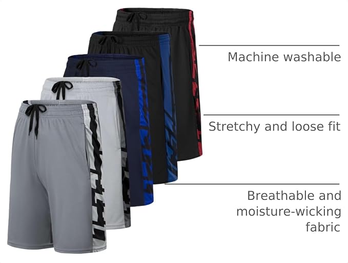 5 Pack Men's Mesh Shorts Athletic Basketball Sports Gym Workout Pockets | Cooling Moisture-Wicking, 9", Long, Quick-Dry, Breathable, Elastic Drawstring Waistband. Running, Exercise, Soccer, Training.