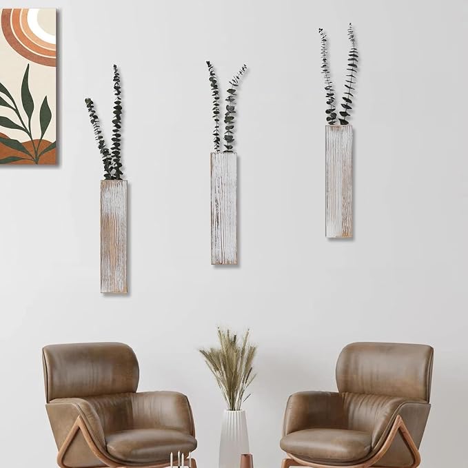 Wooden Wall Planter Set of 3 - Modern Home Decor for Living Room, Bedroom, Bathroom - Vintage Finish Planter for Dried Flowers, Faux Greenery, Indoor Plants