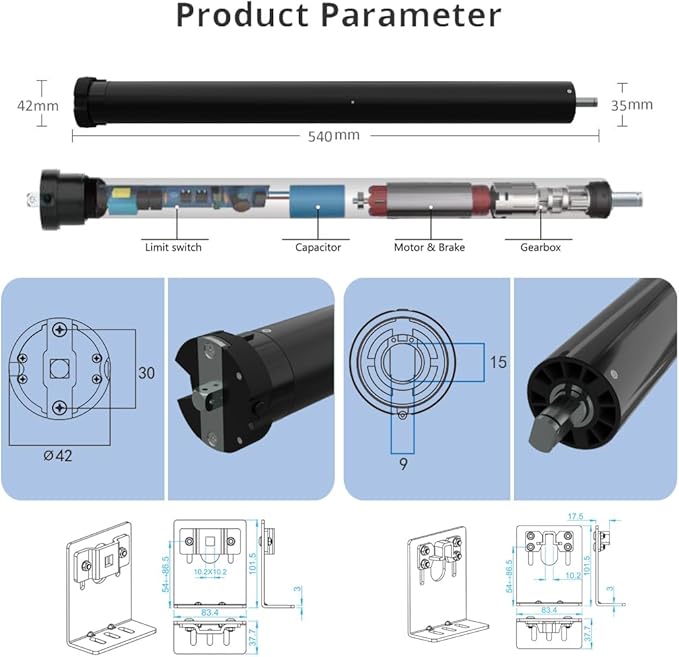 Wired Roller Shade Motor Kit with Remote Control, 35mm Electric Tubular Motor, High Torque Motorized Blinds Retrofit for Zebra, Roman Shades, 110V AC (10 N.m for Φ40mm (1.57") Round Tube)