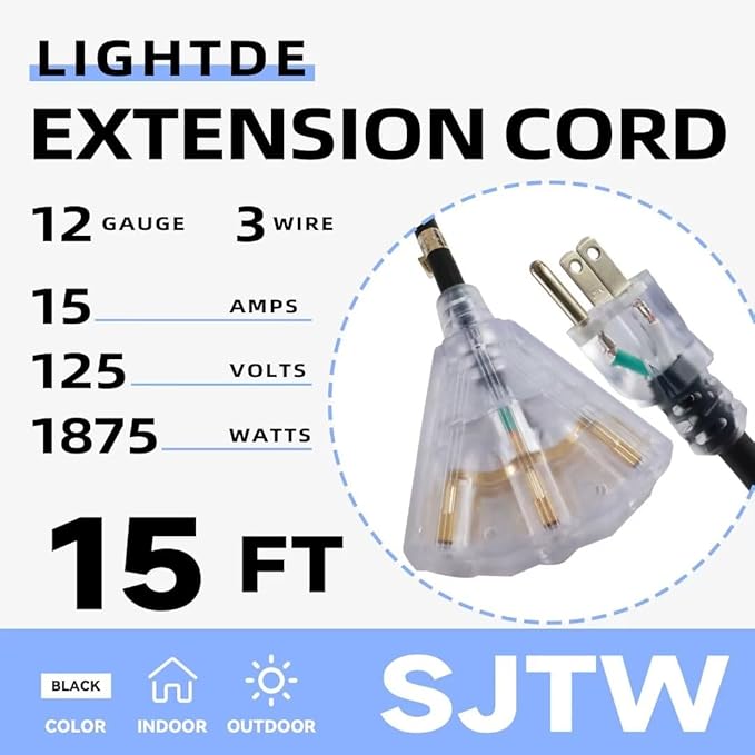 15 Ft Lighted Outdoor Extension Cord with 3 Electrical Power Outlets - 12/3 SJTW Heavy Duty Black Extension Cable with 3 Prong Grounded Plug for Safety