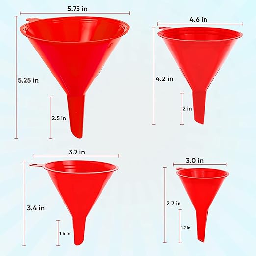 Funnel for Kitchen Use – Red Set in 4 Sizes (122, 101, 76 & 50mm) | Durable, Non-Toxic Food Grade Plastic – Ideal for Filling Bottles, Jars & Containers | Perfect for Kitchen, Garage & Labs