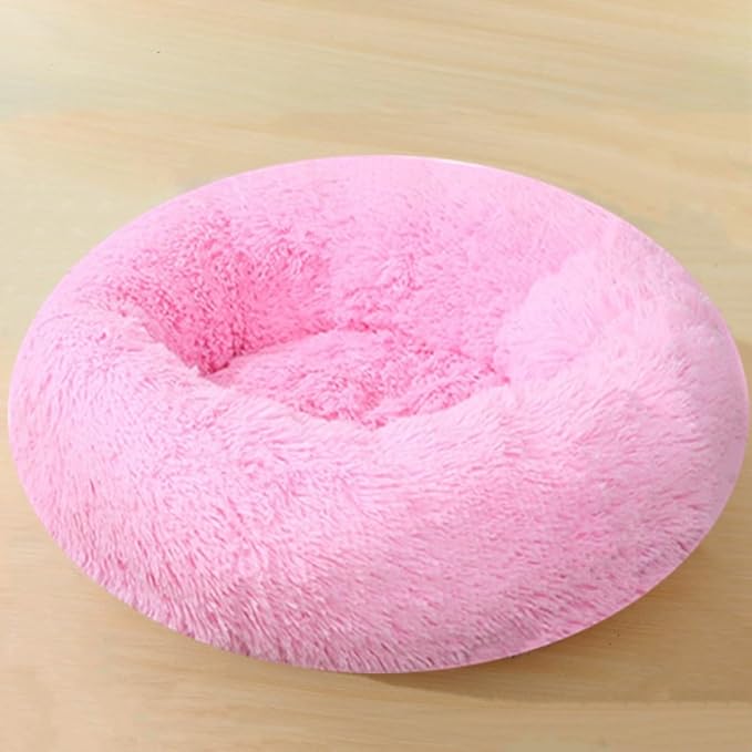Calming Small Dog Bed Cat Bed, 24 Inch Donut Fluffy Anti-Anxiety Round Bed Washable Cute Bed, Cuddler Warming Cozy Soft Bed, Plush Cushion Bed for Small Medium Dogs and Cats (Bright Pink)