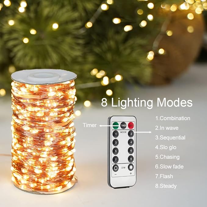 400FT Extra Long Warm White Plug in Fairy Lights 1200 LED Waterproof Copper Wire String Lights with Remote for Christmas Tree Bedroom Porch Patio Ceiling Garden Wedding Party