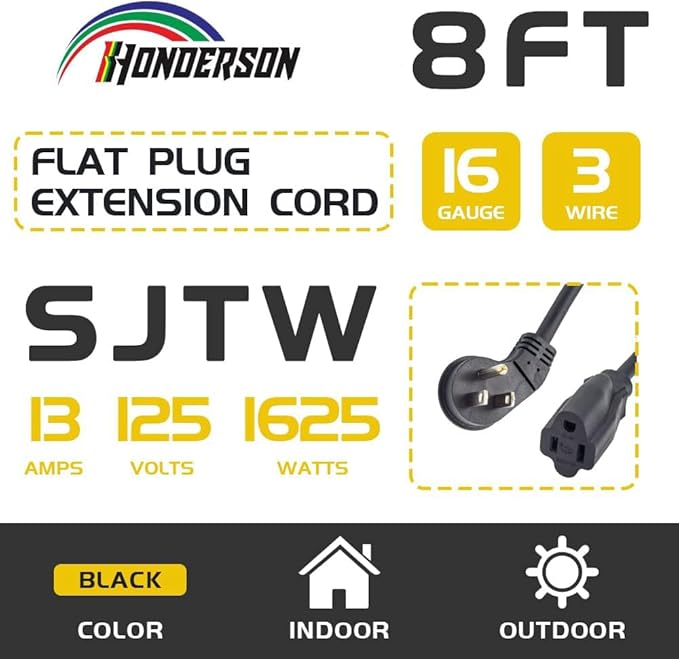 Flat Plug Indoor Extension Cord, UL Certified, 16 Gauge 8FT Black 3 Prong Heavy Duty, 16/3 SJTW 13A Power Cord for Lights, Appliances, Home