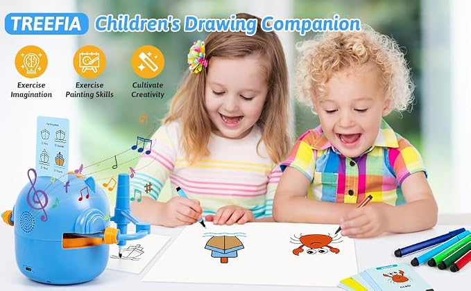 TREEFIA Drawing Robot for Kids, Drawing Robot for Kids 6 7 8 9 10 11 12 Year Old, Doodle Bot Toy with 100 Drawing Cards & 16 Color Pens for Girls and Boys