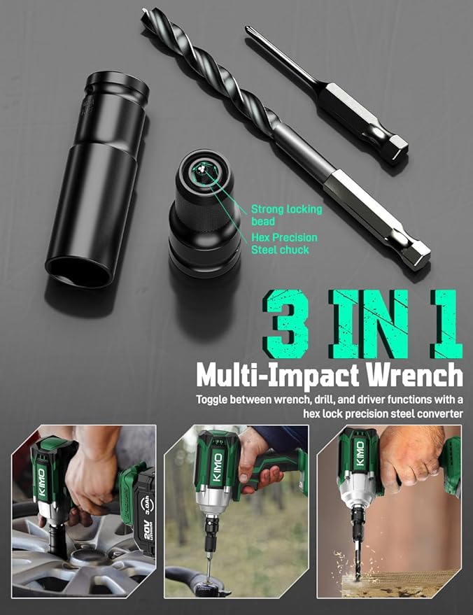 KIMO Impact Wrench 1/2 Cordless, 1200N.m (406ft-lbs), 4000RPM, 9-Piece Drill & Driver Set, 4Sockets Impact Drill for Car Tires, Safety Lock, 2x4000mAh Battery, Variable Modes Power Smart Impact Wrench