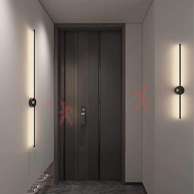 LED Long Strip Wall Lights with Motion Sensor Lamp 3000K/4000K/6000K Lighting Modern Simple Aluminum Mounted Indoor Bedside Decoration Light Living Room(Black Neutral Light,80cm)