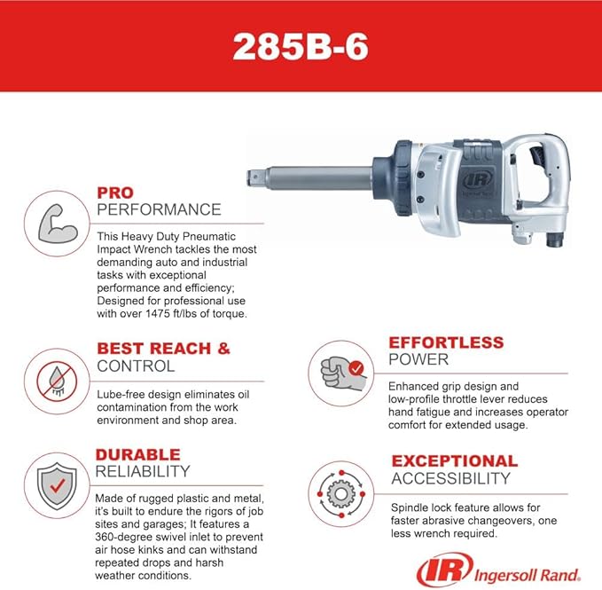 Ingersoll Rand 285B-6 1-Inch Cordless Pneumatic Impact Wrench with 6-Inch Extended Anvil and 2 Handles