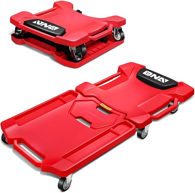 DNA Motoring 41inch Low Profile Plastic Rolling Garage Shop Creeper with Padded Headrest, Tool Trays & 6pcs Casters, Foldable Creeper, TOOLS-00637-RD