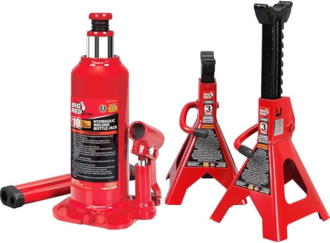 BIG RED T91003B Torin Hydraulic Welded Bottle Jack, 10 Ton (20,000 lb) Capacity, Red & T43202 Torin Steel Jack Stands: 3 Ton (6,000 lb) Capacity, Red, 2 Count (Pack of 1)