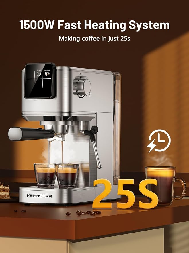 KEENSTAR 20Bar Espresso Machine, Hot & Iced Coffee Maker with Milk Frother | Stainless Steel, Touch Screen, Rapid Cold Brew, Espresso Maker with 40oz Water Tank for Latte, Cappuccino