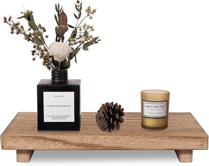 zoocatia Small Wood Tray Pedestal Stand Farmhouse Bathroom Decor Decorative Wooden Riser Kitchen Soap Dish Holder for Vanity, Counter, Sink, Large 11.8" x 7" - Brown