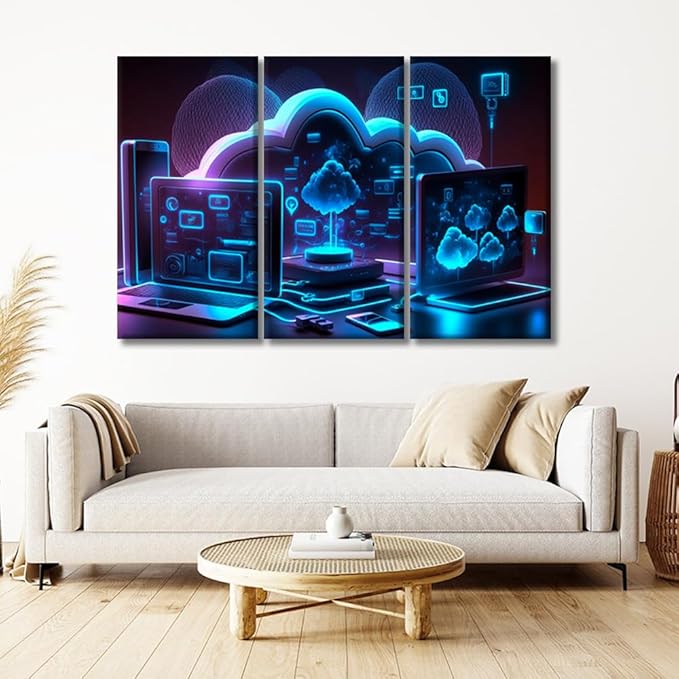 LSIUHWUWI Wall Decor for Bedroom Cloud Storage Communication with Computer Posters and Print 3 Pieces Wall Artwork Stretched And Framed Ready to Hang 20x40inchx3