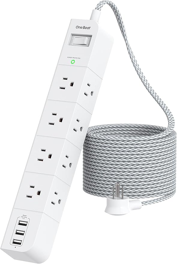 One Beat 10 ft Extension Cord,Power Strip Surge Protector 8 Widely AC Outlets 3 USB,Flat Plug,Desktop Charging Station with Overload Protection,Wall Mount for Home,Office,Travel,Computer ETL Listed