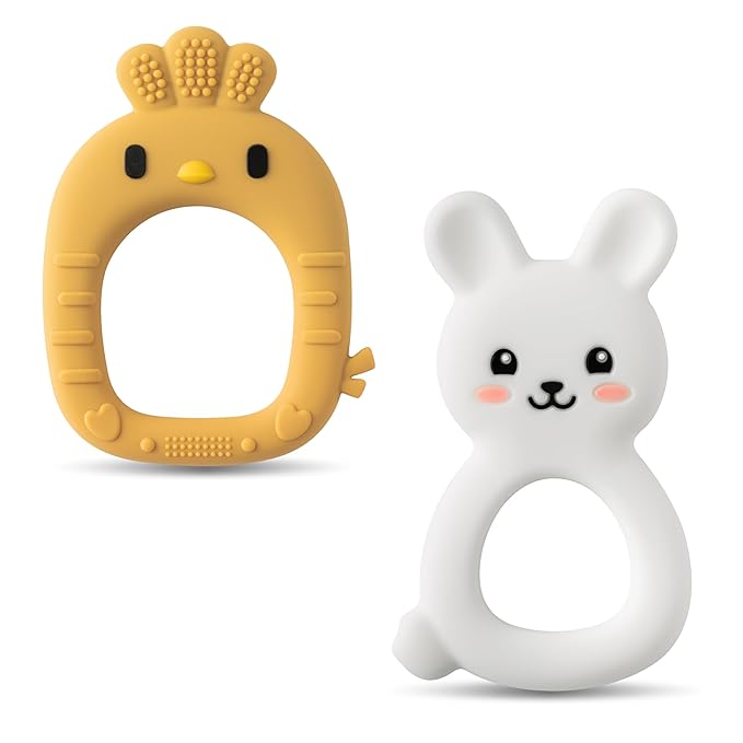 Easter Silicone Teethers for Babies - 2ooya 2Pcs Rabbit Chick Infant Teething Chew Toys, Toddler Sore Gums Pain Relief Toy for Newborn Boy and Girl Easter Spring Baby Shower Birthday Gifts