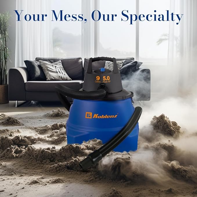 Koblenz Wet Dry Vacuum Cleaner, 9.0 Gallon Tank, 5.0 HP Powerful Vacuum for Dry and Wet Messes, Vacuum Cleaner and Blower, Accessories Included, Black+Blue (WD-9 L212)