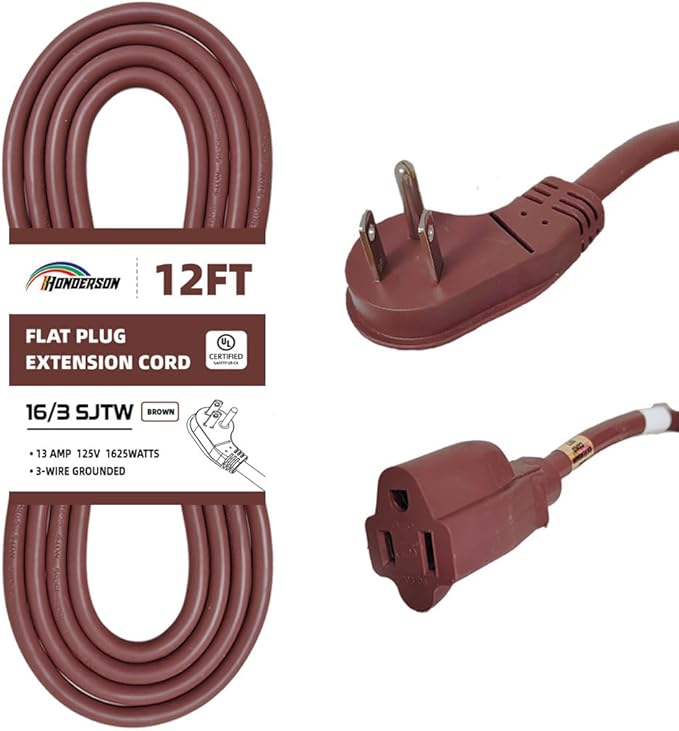 Flat Plug Indoor Extension Cord, UL Certified, 16 Gauge 12FT Brown 3 Prong Heavy Duty, 16/3 SJTW 13A Power Cord for Lights, Appliances, Home