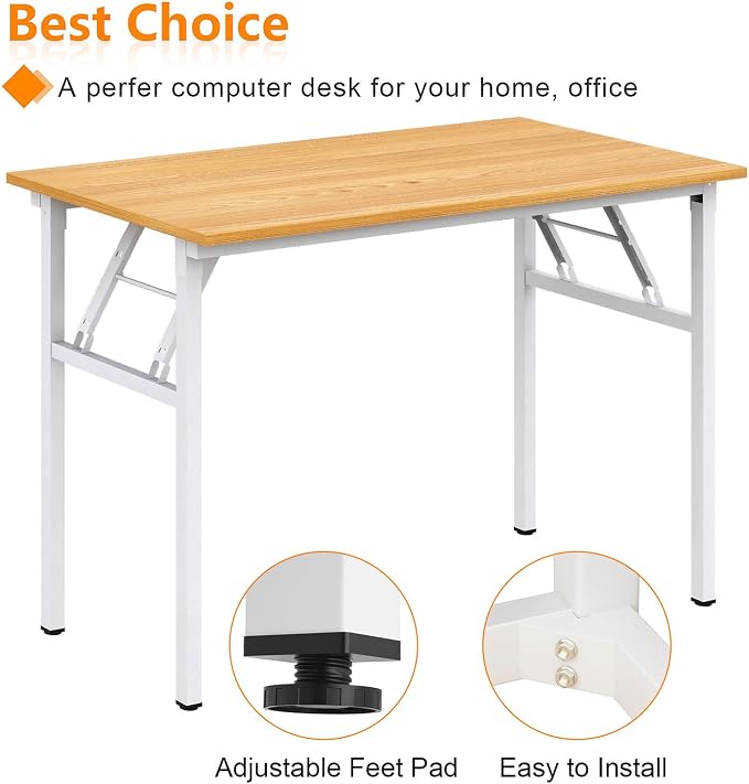 Need Office Computer Desk 39.3 Inch Sturdy Folding Laptop Table Teak | White Frame Writing Gaming Work Table/Foldable Home Office Desk/Sewing Table, No Assembly Required