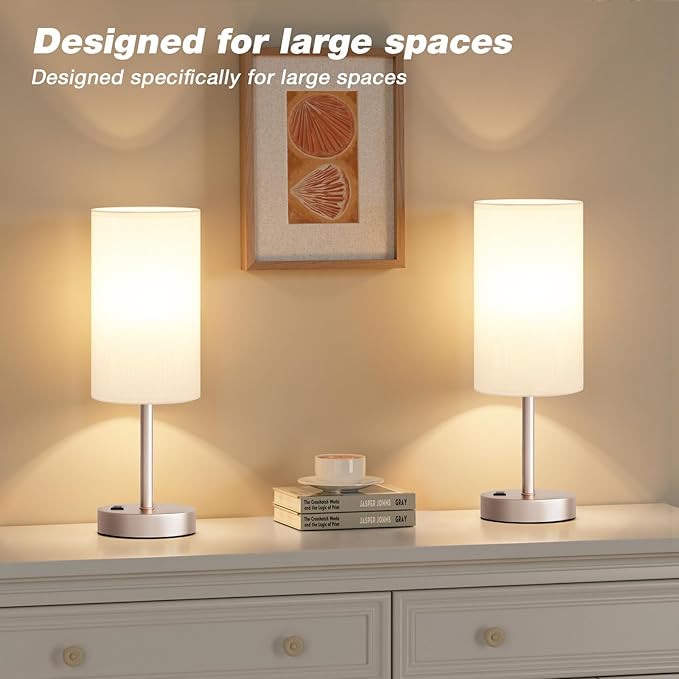 Fenmzee Antique White Bedside Table Lamp for Bedroom - 3 Way Dimmable Touch Lamp USB C Charging Ports and AC Outlet, Small Lamp Gold Base Round Flaxen Fabric Shade for Living Room, Desk