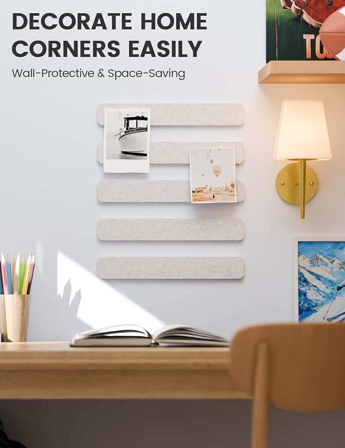 Fluxynara 13" x 2" Felt Wall Panels, Oatmeal | 5-Pack Cork Board Alternative with 35 Push Pins, Adhesive Mounting for Bedroom Door or Home Office
