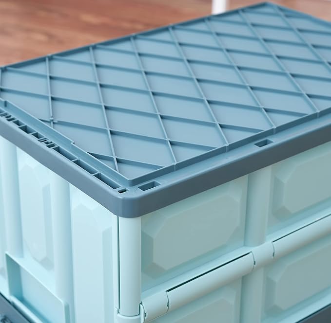 Blue Folding Plastic Stackable Utility Crates 2-Pack, Collapsible Storage Bins with Lids 30L, Durable Containers for Home & Garage Organization