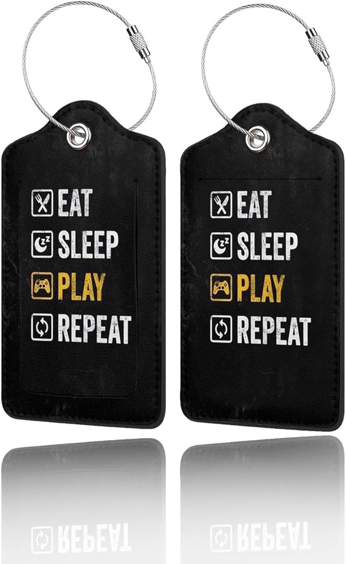 2 Pack Luggage Tags for Suitcase, Privacy Cover ID Label with Stainless Steel and Address Card for Travel Bag Backpack Cruise Ship Essentials Tag Men Boys - Eat Sleep Play Repeat