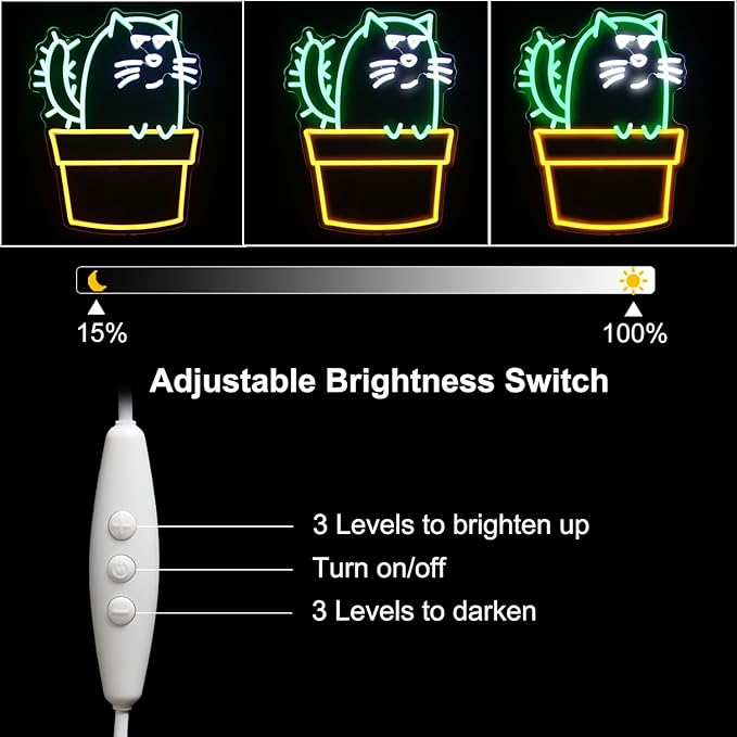 Cactus Cat Neon Sign Funny Animal LED Signs for Wall Novel Potted Plant Neon Light Dimmable Cartoon Neon Lights Signs for Bedroom Man Cave Porch Party Decor USB Powered