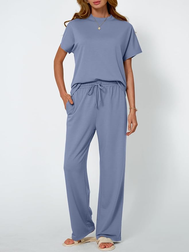 AUTOMET Women's 2 Piece Matching Lounge Sets 2026 Summer Mock Neck Sweatsuits Short Sleeve Loungewear Travel Outfits