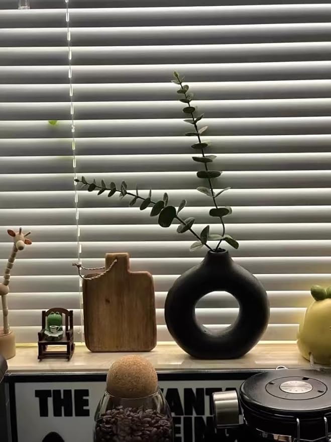 White Ceramic Vases Set of 3, Minimalist Nordic Modern Style, Round Donut Vase for Dried Flowers, Pampas Grass & Fresh Blooms,Boho Home Decor for Table Shelf Living Room Office (Black)