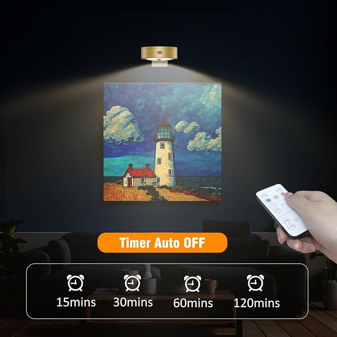 3Pack Picture Light Battery Operated Painting Lights for Wall Wireless Magnetic Display Art Light with Remote Control,Dimmable&Timer Portrait Light for Art Frame Artworking,Wall Decor Puck Lights-Gold