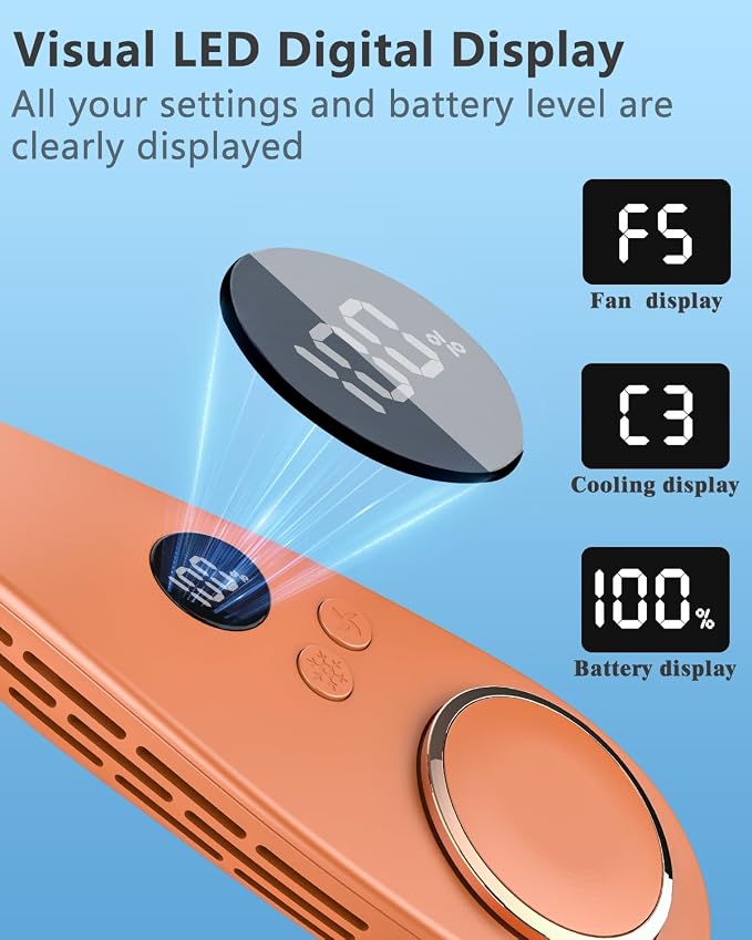 Neck Air Conditioner with Metal Cooling Plate, 5500mAh Batteries & LED Display, Silent Wearable Personal AC Unit, Bladeless Headphone Fan for Hot Flash Relief for Women Men Adults Outside, Orange