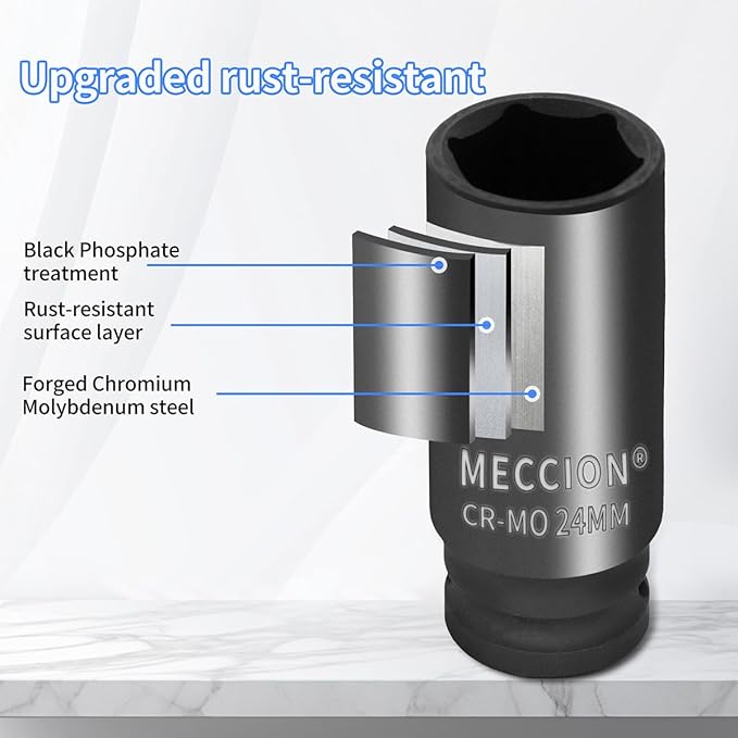 Meccion 1/2 Inch Drive Impact Socket 23mm Metric, 6 Point Cr-Mo Deep Impact Socket, 78mm Length