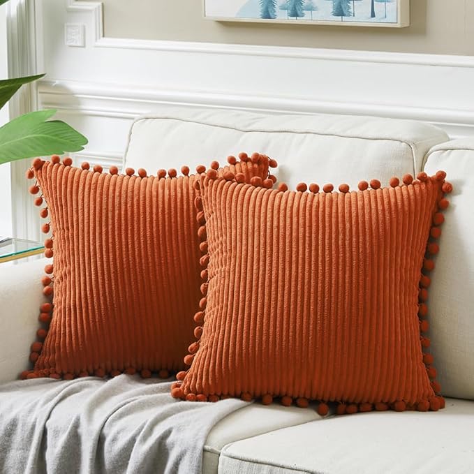 Fancy Homi Pack of 2 Burnt Orange Decorative Throw Pillow Covers 20x20 Inch with Pom-poms for Couch Bed Living Room, Soft Corduroy Solid Square Cushion Case 50x50 cm, Farmhouse Boho Fall Home Decor